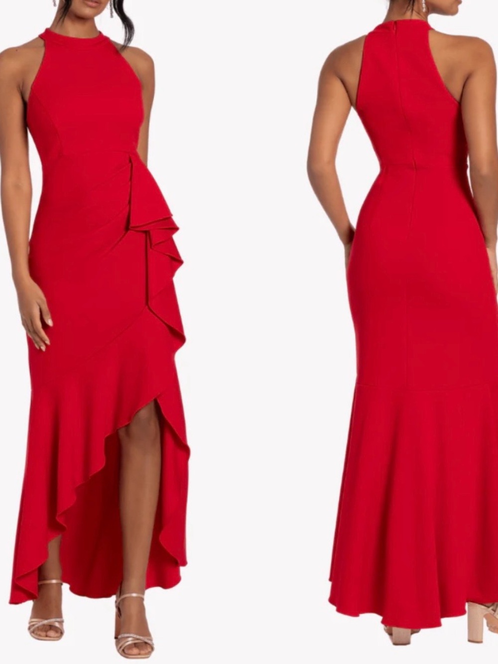Red Halter High-Low Ruffle Evening Dress